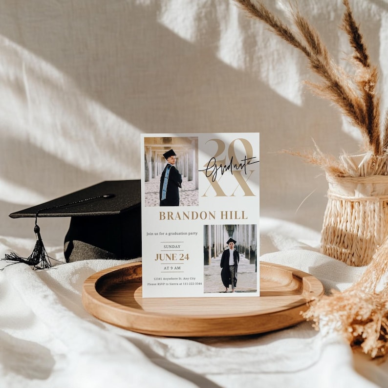 May include: A graduation party invitation with a gold and white colour scheme. The invitation features a photo of the graduate in a cap and gown, the text "20 Graduate", and the name "Brandon Hill". The invitation also includes the date and time of the party, "Sunday, June 24 at 9 AM".