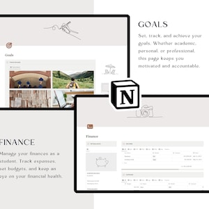 K&ouml;nnte beinhalten: Ein Screenshot einer Website mit zwei Abschnitten: Ziele und Finanzen. Der Abschnitt Ziele zeigt ein Vision Board mit Bildern von Abschluss, Reisen und einem Laptop. Der Abschnitt Finanzen zeigt einen Budget-Tracker mit einem Sparschwein-Symbol.