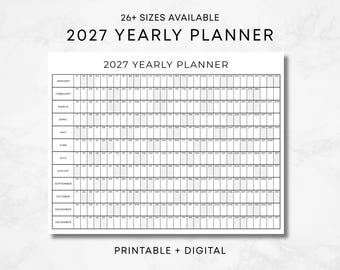 May include: A 2027 yearly planner wall calendar featuring a grid layout with months listed vertically and days horizontally. The text 26+ SIZES AVAILABLE, 2027 YEARLY PLANNER, and PRINTABLE + DIGITAL is displayed in black sans-serif font on a white background.