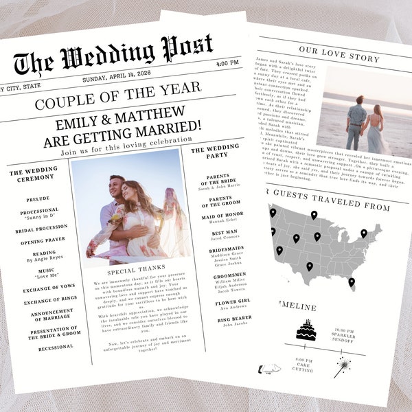 Wedding Newspaper, Wedding Timeline, Wedding Program, Wedding Itinerary, Wedding Crossword, Wedding Invitation, Wedding Program Template