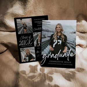 May include: Black and white graduation announcement featuring a photo of a woman wearing a black jersey with the number 23. The text reads "Class of 20XX" and "graduate Charlotte Hills Jaguar High School Class of 20XX".