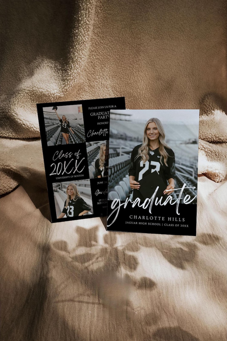 May include: Black and white graduation announcement featuring a photo of a woman wearing a black jersey with the number 23. The text reads "Class of 20XX" and "graduate Charlotte Hills Jaguar High School Class of 20XX".