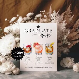 May include: A white sign with the words "GRADUATE Drinks" and illustrations of three cocktails. The sign also includes the text "17,000+ IMAGES" and "AMANDA'S GRAD PARTY | 14.06.2025". The background features white flowers and dried plants.