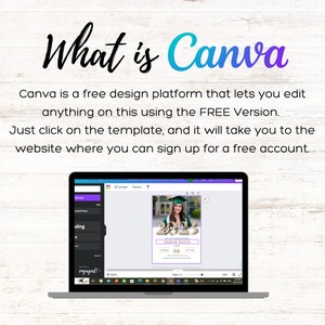 Op de afbeelding: Een laptopscherm dat een Canva-ontwerptemplate voor een afstudeerbericht toont. De template heeft een paars en gouden ontwerp met een foto van een vrouw in een afstudeerpet en -jurk. De tekst op de template luidt "SARAH DAVIS" en "Klas van 2023".