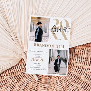 May include: A white graduation party invitation with gold lettering. The invitation says "20 Graduate" and "Brandon Hill". The invitation also includes the date and time of the party, "Sunday, June 24 at 9 AM".