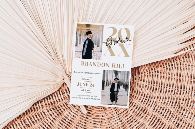 May include: A white graduation party invitation with gold lettering. The invitation says "20 Graduate" and "Brandon Hill". The invitation also includes the date and time of the party, "Sunday, June 24 at 9 AM".