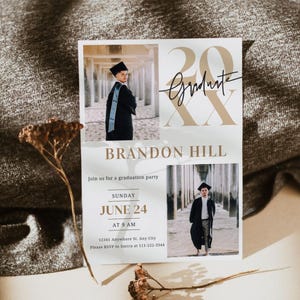 May include: A graduation party invitation featuring a photograph of a graduate wearing a cap and gown. The invitation is for Brandon Hill and is scheduled for Sunday, 24th June at 9 AM. The invitation includes the address 12341 Anywhere St. Any City and requests guests to RSVP to Sierra at 111-222-3344.