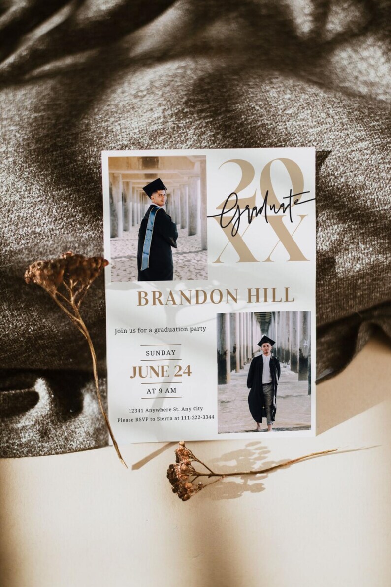 May include: A graduation party invitation featuring a photograph of a graduate wearing a cap and gown. The invitation is for Brandon Hill and is scheduled for Sunday, 24th June at 9 AM. The invitation includes the address 12341 Anywhere St. Any City and requests guests to RSVP to Sierra at 111-222-3344.