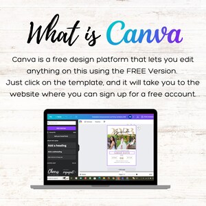 May include: A laptop screen showing the Canva website with a design template for a graduation announcement. The template features a photo of a woman in a cap and gown, with the text "Graduate" and "Sarah Davis" on the design. The text "What is Canva" is displayed above the laptop.