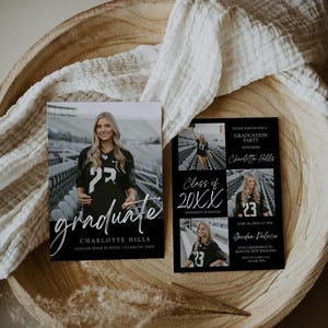 May include: Black and white graduation party invitation with a photo collage of a graduate in a football uniform. The invitation includes the graduate's name, the date and time of the party, and the location. The text "Class of 20XX" is also included.