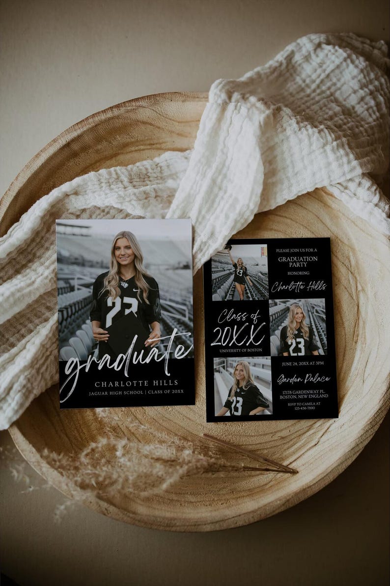 May include: Black and white graduation party invitation with a photo collage of a graduate in a football uniform. The invitation includes the graduate's name, the date and time of the party, and the location. The text "Class of 20XX" is also included.