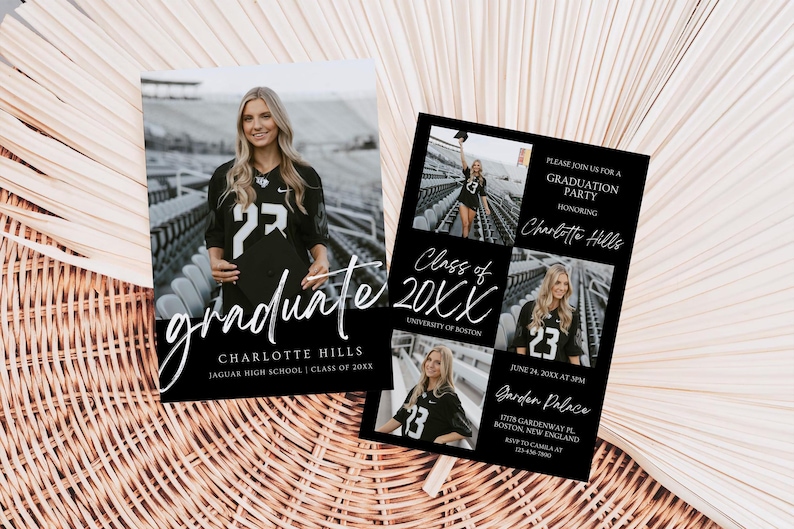 May include: Black and white graduation party invitation with a photo collage of a graduate in a black jersey with the number 23. The text reads "Class of 20XX", "University of Boston", "Please join us for a Graduation Party", "Honoring Charlotte Hills", "June 24, 20XX at 3PM", "Garden Palace", "1175 Gardenwat Pl, Boston, New England", "RSVP to Camilla at 633-7580".