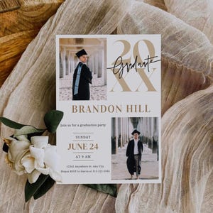 May include: A graduation party invitation with a gold and white colour scheme. The invitation features a photo of the graduate, the date and time of the party, and the address. The text on the invitation reads "Graduate" and "Brandon Hill".
