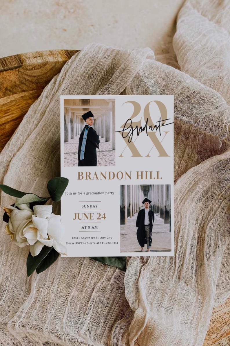 May include: A graduation party invitation with a gold and white colour scheme. The invitation features a photo of the graduate, the date and time of the party, and the address. The text on the invitation reads "Graduate" and "Brandon Hill".