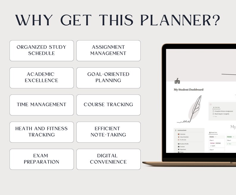 K&ouml;nnte beinhalten: Ein Laptop mit wei&szlig;em Hintergrund und dem Text "Why Get This Planner?" in Schwarz. Das Bild zeigt eine Liste von Gr&uuml;nden, einen Planer zu verwenden, darunter "Organized Study Schedule", "Assignment Management", "Academic Excellence", "Goal-Oriented Planning", "Time Management", "Course Tracking", "Health and Fitness Tracking", "Efficient Note-Taking", "Exam Preparation" und "Digital Convenience". Der Laptop-Bildschirm zeigt ein Studenten-Dashboard mit einem Stift- und Papiersymbol.