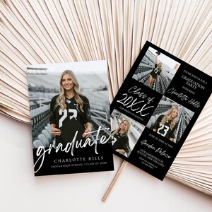 May include: Black and white graduation party invitation featuring a photo collage of a graduate wearing a football jersey. The invitation includes the graduate's name, the date and time of the party, and the location. The text "Class of 20XX" is written in a white script font.