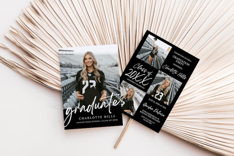 May include: Black and white graduation party invitation featuring a photo collage of a graduate wearing a football jersey. The invitation includes the graduate's name, the date and time of the party, and the location. The text "Class of 20XX" is written in a white script font.