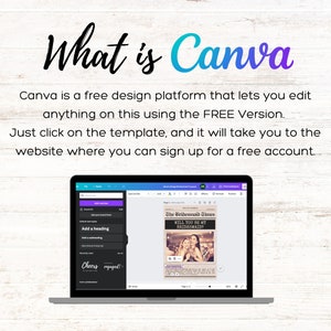 K&ouml;nnte beinhalten: Ein Laptop zeigt die Canva-Oberfl&auml;che mit dem Text "What is Canva" oben. Der Bildschirm zeigt eine Designvorlage mit dem Text "The Bridesmaid Times" und "Will You Be My Bridesmaid". Der Text erkl&auml;rt die kostenlose Designplattform von Canva.
