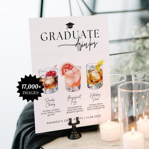 May include: A white sign with the words "GRADUATE Drinks" and illustrations of three cocktails: Smoky Cherry, Grapefruit Fizz, and Whiskey Sour. The sign also includes the text "AMANDA'S GRAD PARTY | 14.06.2025".