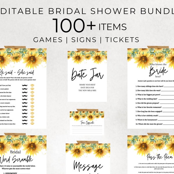 Bridal Shower Bundle, Sunflower Bridal Shower, Bridal Shower Games, Bridal Shower Signs, Bridal Shower Bingo, Sunflower Wedding, Floral Sign
