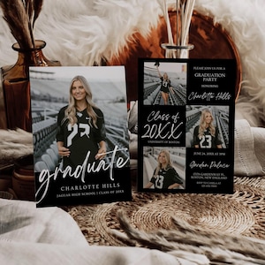 May include: Black and white graduation party invitation featuring a photograph of a graduate wearing a football jersey. The invitation includes the graduate's name, the date and time of the party, and the venue. The text "Class of 20XX" is written in a large, bold font.