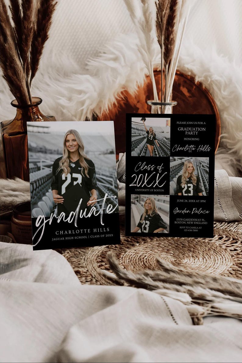 May include: Black and white graduation party invitation featuring a photograph of a graduate wearing a football jersey. The invitation includes the graduate's name, the date and time of the party, and the venue. The text "Class of 20XX" is written in a large, bold font.