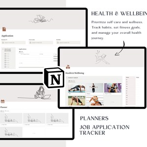 K&ouml;nnte beinhalten: Ein digitaler Planer mit minimalistischem Design, der eine Linienzeichnung eines Buches zeigt. Der Planer enth&auml;lt Abschnitte f&uuml;r Bewerbungen, Gesundheit und Wohlbefinden sowie f&uuml;r die t&auml;gliche Planung. Der Text "Planners, Job Application Tracker" wird am unteren Rand des Bildes angezeigt.