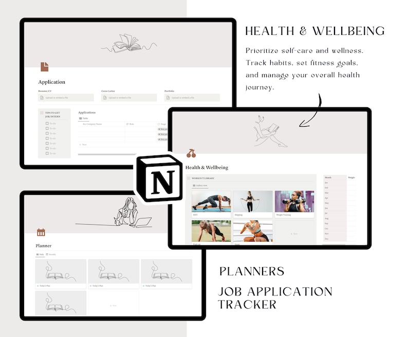 K&ouml;nnte beinhalten: Ein digitaler Planer mit minimalistischem Design, der eine Linienzeichnung eines Buches zeigt. Der Planer enth&auml;lt Abschnitte f&uuml;r Bewerbungen, Gesundheit und Wohlbefinden sowie f&uuml;r die t&auml;gliche Planung. Der Text "Planners, Job Application Tracker" wird am unteren Rand des Bildes angezeigt.