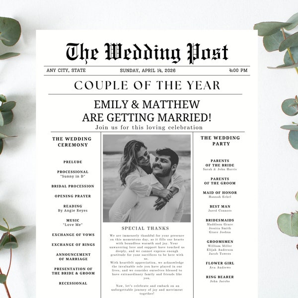 Wedding Newspaper, Wedding Program, Wedding Itinerary, Wedding Crossword, Wedding Timeline, Wedding Invitation, Wedding Program Template