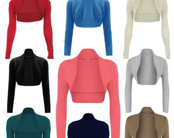 Prime Fashion Women’s Long Sleeve Top Cropped Plain Bolero Cardigan Ladies Shrug Sizes 8-14