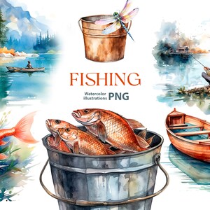 Watercolor fishing clipart, 10 Png, Fisherman png, Fathers Day clipart, Hoddy Png Fishing clip art, Fishing png, boys fishing design