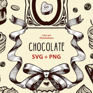 Chocolate clipart SVG, Vintage style PNG line art, Dessert Clipart, Candy png, Vintage Ribbon clipart