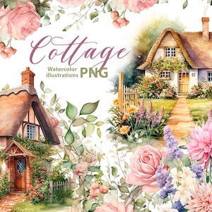 Aquarel Engels huisje clipart set, 7 Png, vintage bloemen Clipart, aquarel oud huis clipart, cottage kern, Victoriaanse stijl