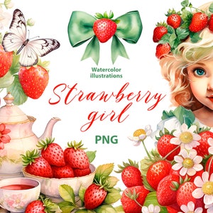 Watercolor Strawberry clipart set, 19 Png, Dessert Clipart, Watercolor cute girl png, Cottagecore design, vintage style png