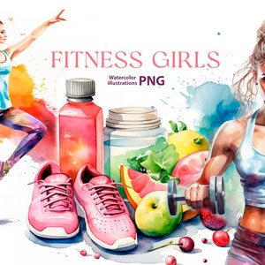 Watercolor fitness clipart set, 10 Png, sport Clipart, Girl power Clipart, watercolor clipart Health clipart gym png fitness girl