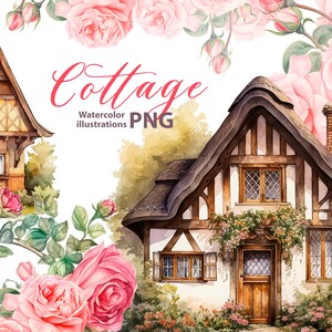 Set clipart acquerello cottage inglese, 7 Png, Clipart floreale vintage, clipart acquerello vecchia casa, nucleo cottage, stile vittoriano