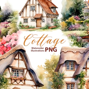 Set di clipart acquerello cottage inglese, 5 Png, clipart vintage, clipart acquerello vecchia casa, nucleo cottage, stile vittoriano