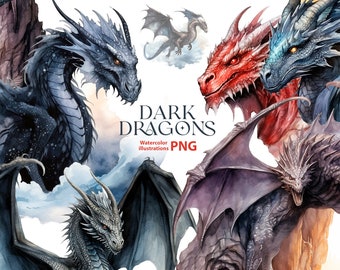 Watercolor HALLOWEEN clipart set, Dark Dragon Clipart, Watercolor gothic png, Witch Dragons Clipart Gothic dragon png, gothic wedding png