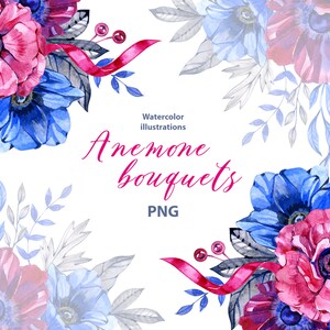 Watercolor Anemone bouquet clipart set, 7 Png, floral Clipart, pink watercolor floral clipart