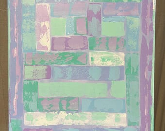 Pintura abstracta en tonos morados, azules y verdes, 40 x 50 cm, acrílico sobre lienzo tensado.