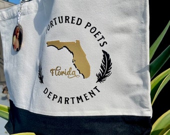 Taylor Swift's Tote Bag geïnspireerd op haar nieuwe album en nummer "The Tortured Poets Department-Florida". Dubbelzijdige T.S-fotosleutelhanger inbegrepen