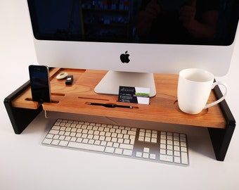Skärmstativ i äkta trä, IMac-stativ för datorskärm, skrivbordshylla i massivt trä, hemmakontor, present till honom, skrivbordstillbehör, bärbar dator, dator