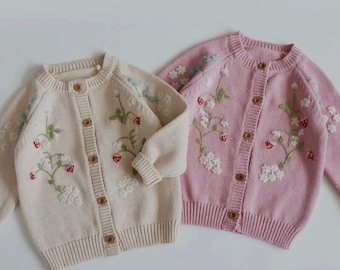 Personalised floral-knit children’s name cardigan, baby, toddler cardi • Hand-embroidered knitted cardigans• Personalised knit cardigan •