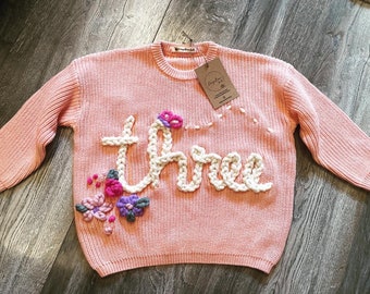 Personalised knitted baby toddler childrens birthday number jumpers, Hand embroidered number birthday knits, Birthday top outfit gift