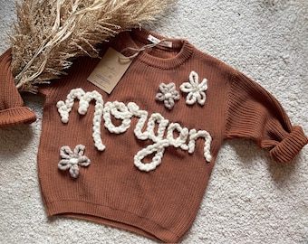 Personalised knitted baby toddler childrens name jumpers, Hand embroidered knit, personalised name jumper gift