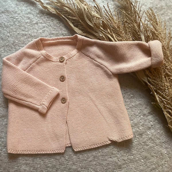 0-3 to 12-18 months personalised blush pink rib-knit baby cardigan • Hand embroidered knitted cardigans• Baby name announcement knits •