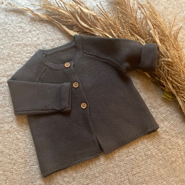 0-3 to 12-18 months personalised charcoal grey rib-knit baby cardigan • Hand embroidered knitted cardigans• Baby name announcement knits •