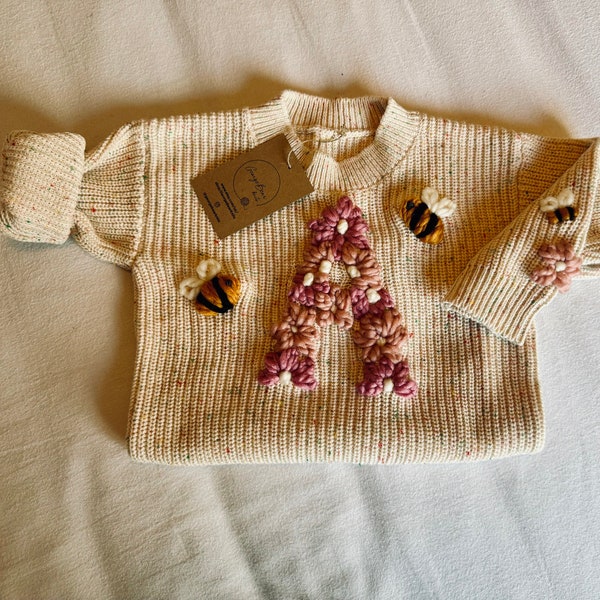 Personalised knitted embroidered baby toddler childrens jumpers • Hand embroidered floral initial knits •  Alphabet name jumper