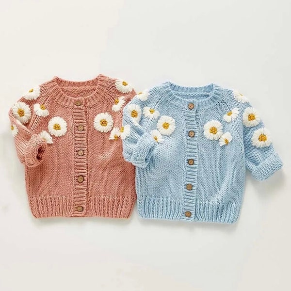 Personalised Daisy-knit children’s name cardigan, baby, toddler cardi • Hand-embroidered knitted cardigans• Personalised knit cardigan •