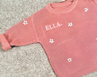 Personalised daisy embroidered name jumper,  knitted baby toddler childrens embroidered name sweater